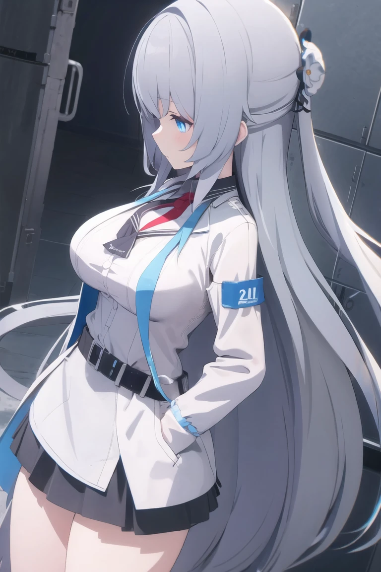 (masterpiece),best quality,medium_shot,labcoat,belt,twoearle,blue eyes,very long hair,large breasts,grey hair,straight hair,miniskirt,long sleeves,
dynamic_angle,