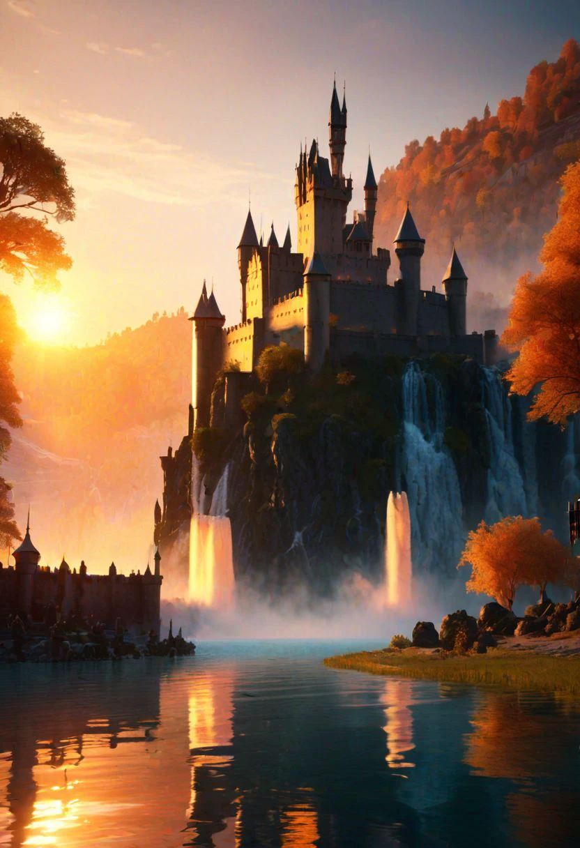 score_9, score_8_up, score_7_up, score_6_up, score_5_up, score_4_up, high resolution, sunset, castle surrounding by mystical lake, amazing water fall in background reflecting sunset light and water looks like flamme, water reflection, style of medieval fantasy, haze on water