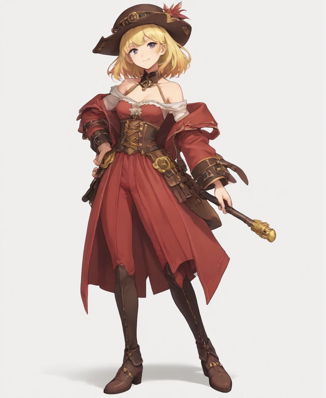 score_9, score_8_up, score_7_up, score_6_up, source anime, 1girl, solo, standing, off shoulder, armor, long sleeves, steampunk, hat, medium breasts, gradient hair, blonde hair, red tips, medium hair, grey eyes, smirk, full body, bangs, closed mouth, medium breasts, white background, simple background