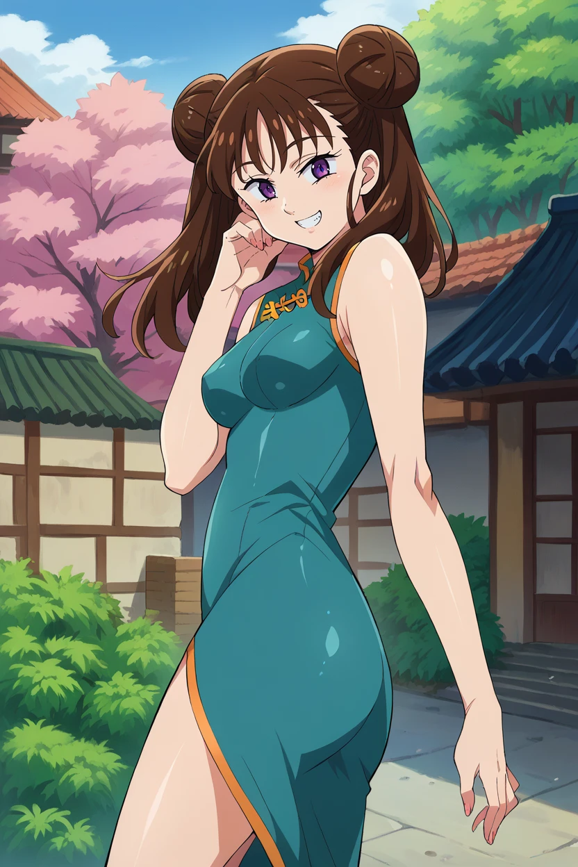 1980s, Retro,pc80,NSFW,Green cheongsam with slits,One Woman, 27 years old, 28 years old, whole body,Full Art,Big Breasts,Cute Liane, Gold Tiara, Pearl Necklace, Brown Hair,Green eyes,Jade hairpin,Skirt flipped up by the wind,Black color Micro pantie,Kicking movement,fighting pose,pussy