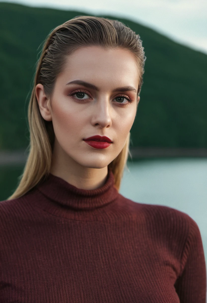 cinematic film still of extremely beautiful woman, Close-Up Portrait, looking at camera, attractive, slicked-back hair, Ribbed knit Bohemian clothing, Slate grey and deep red Bodysuit and mini skirt, Honey Blonde hair, Lakeside, Glamour photography, model face, 22 years old