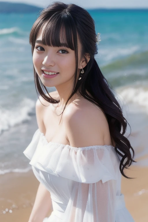 highest quality、realistic、Japanese、girl、cute、smile、long hair、、black hair、white dress、Ocean、brown eyes、smile、exposed forehead、12 years old