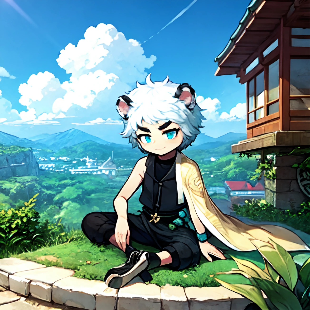 Hu,animal ears,1boy,male focus,white hair,solo,chibi,blue eyes,hand fan,smile,scar,scar on face,black background,cloud,looking at viewer,black pants,holding fan,holding,tiger ears,bandages,pants,short hair,bandaged arm,full body,closed mouth,folding fan,black shirt,jacket,sitting,
masterpiece,high quality,<lora:Hu-0000012:1>,
Warm afternoon,big sun,
A paradise,a big scene with a waterfall in the distance and a hill full of pink peach trees with lots of peach coils,