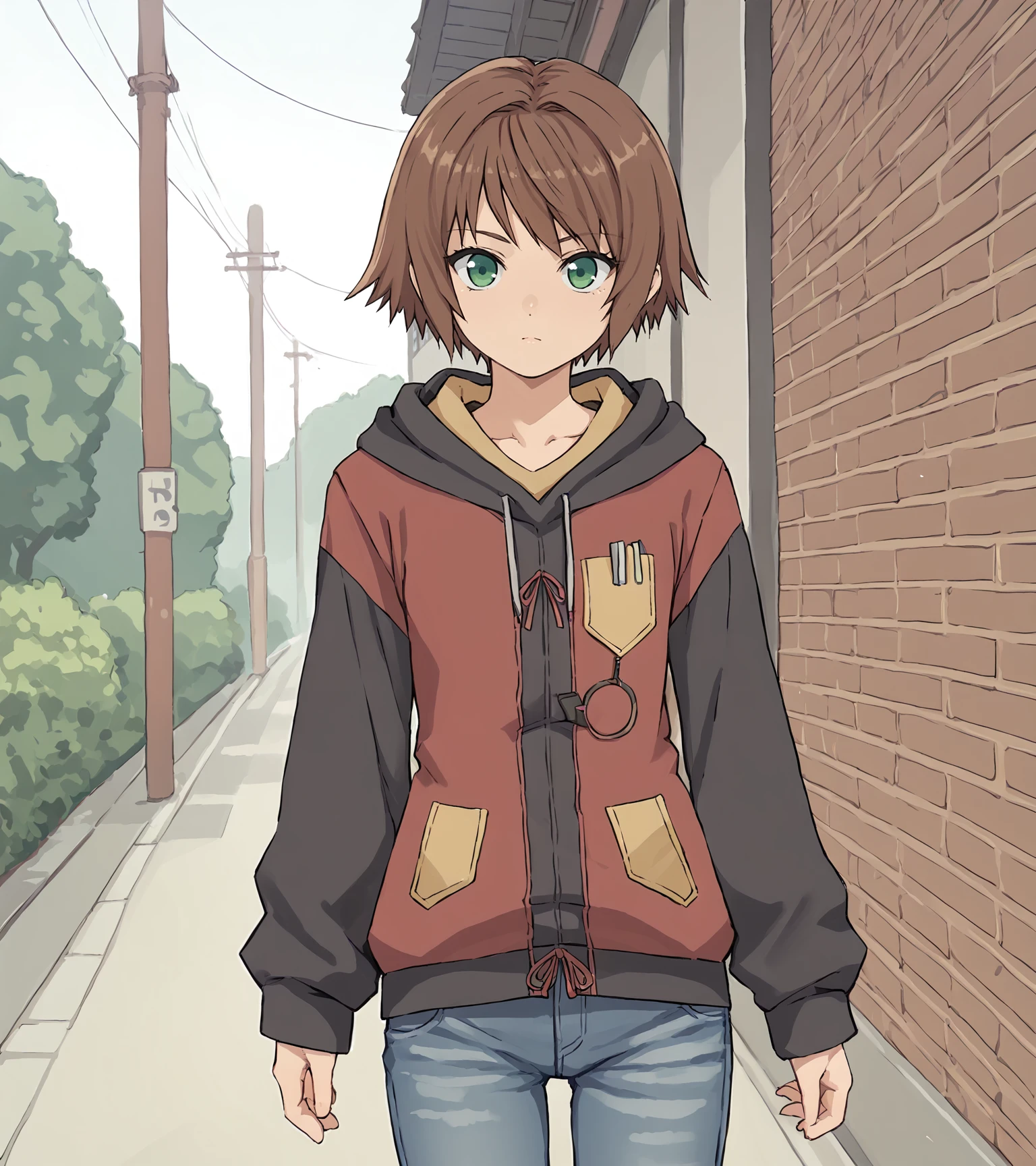 score_9, score_8_up, score_7_up, score_6_up, score_5_up, score_4_up, BREAK source_anime,
1girl, solo, <lora:RitaMordio:0.9>, Rita Mordio, green eyes, brown hair, short hair, flat chest, 
hoodie, jeans, 
outdoors, 
looking at viewer, cowboy shot,,
<lora:mo_(kireinamo):1>,