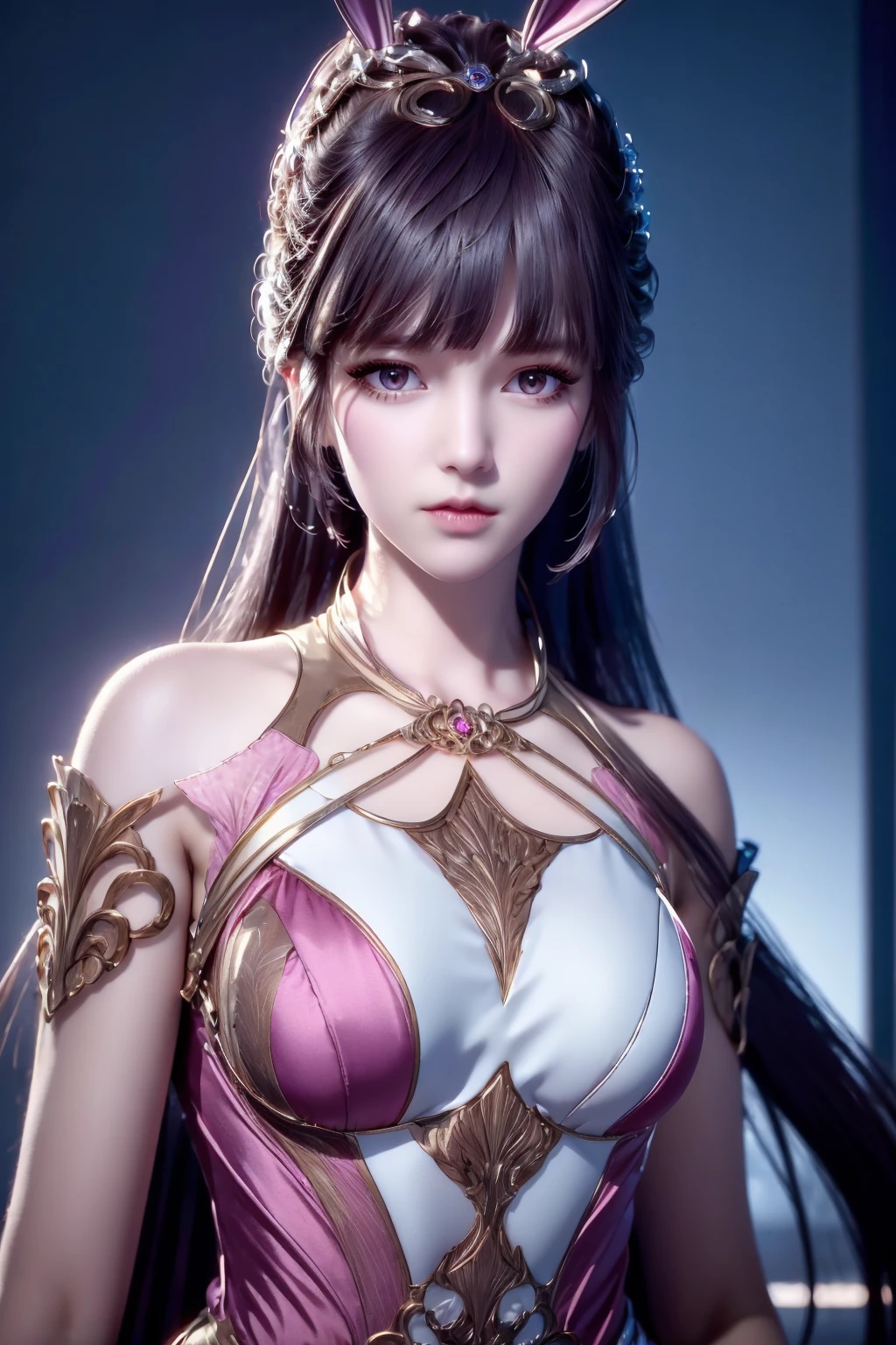 <lora:AgainXiaowu:0.8>, AgainXiaowu, 1girl, solo, upper body, animal ears, metal collar, rabbit ears, ponytail, brown hair, long hair, hair ornament, pink dress, dress, collar, closed mouth, looking at viewer, breasts, bare shoulders, medium breasts, expressionless, blue background, dark background