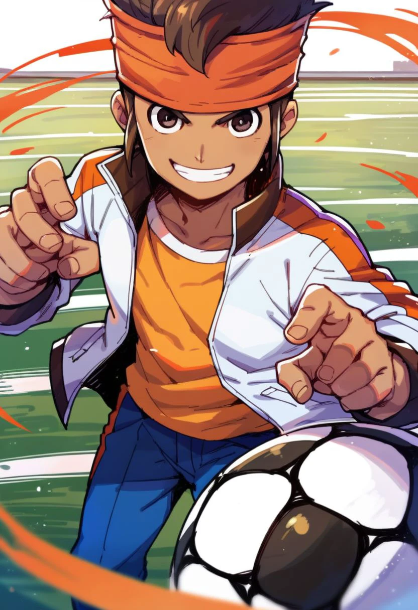 score_9, score_8_up, score_7_up, mark evans, 1boy, solo, brown hair, brown eyes, orange headband, white jacket, orange shirt, blue pants, smile, victory pose, looking at viewer, soccer field