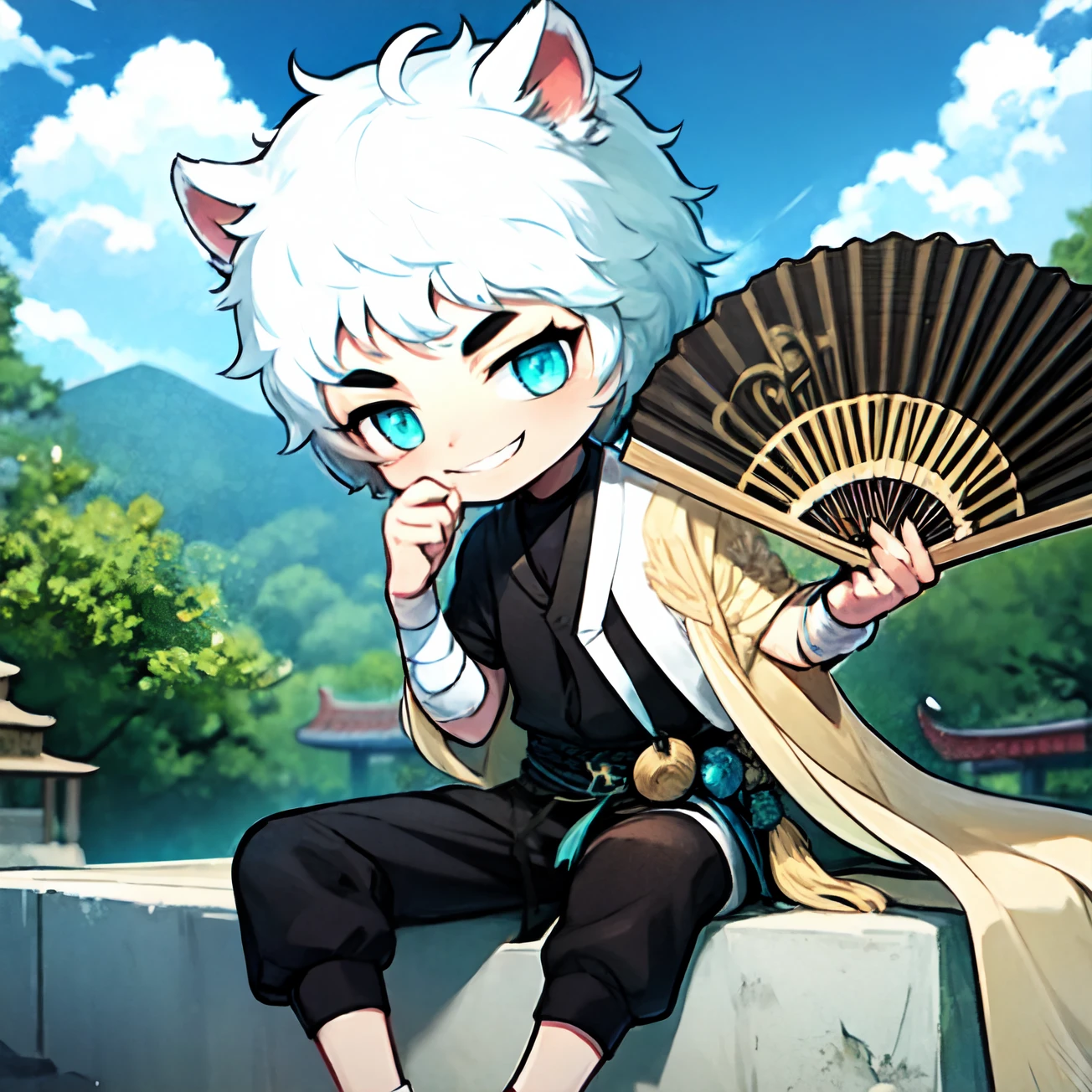 Hu,1boy,male focus,smile,hand fan,holding fan,chibi,cloud,holding,outdoors,sky,architecture,bandages,jacket,east asian architecture,looking at viewer,jacket on shoulders,folding fan,Sitting on a cloud,white hair,animal ears,
masterpiece,high quality,<lora:Hu-0000012:0.8>,