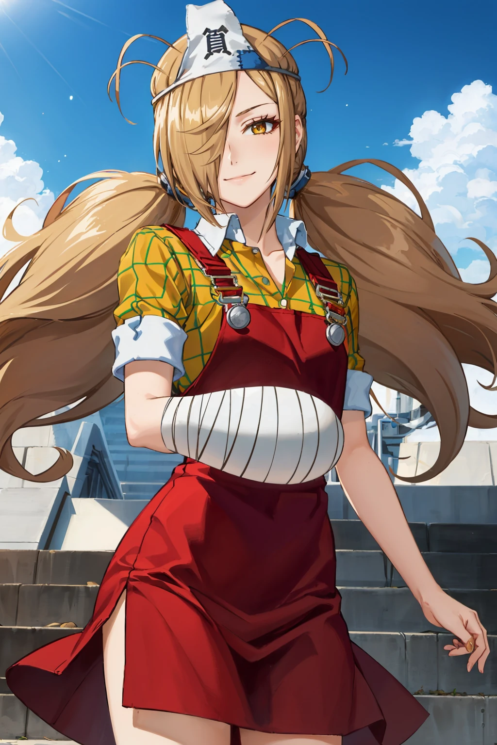 masterpiece, best quality, 1girl,  <lora:momijibinboda-nvwls-v1-000009:0.9> momijibinboda, hair over one eye, twintails, triangular headpiece, plaid shirt, yellow shirt, short sleeves, suspenders, red dress, bandages, (single gauntlet:1.5), looking at viewer, smirk, cowboy shot, city, blue sky