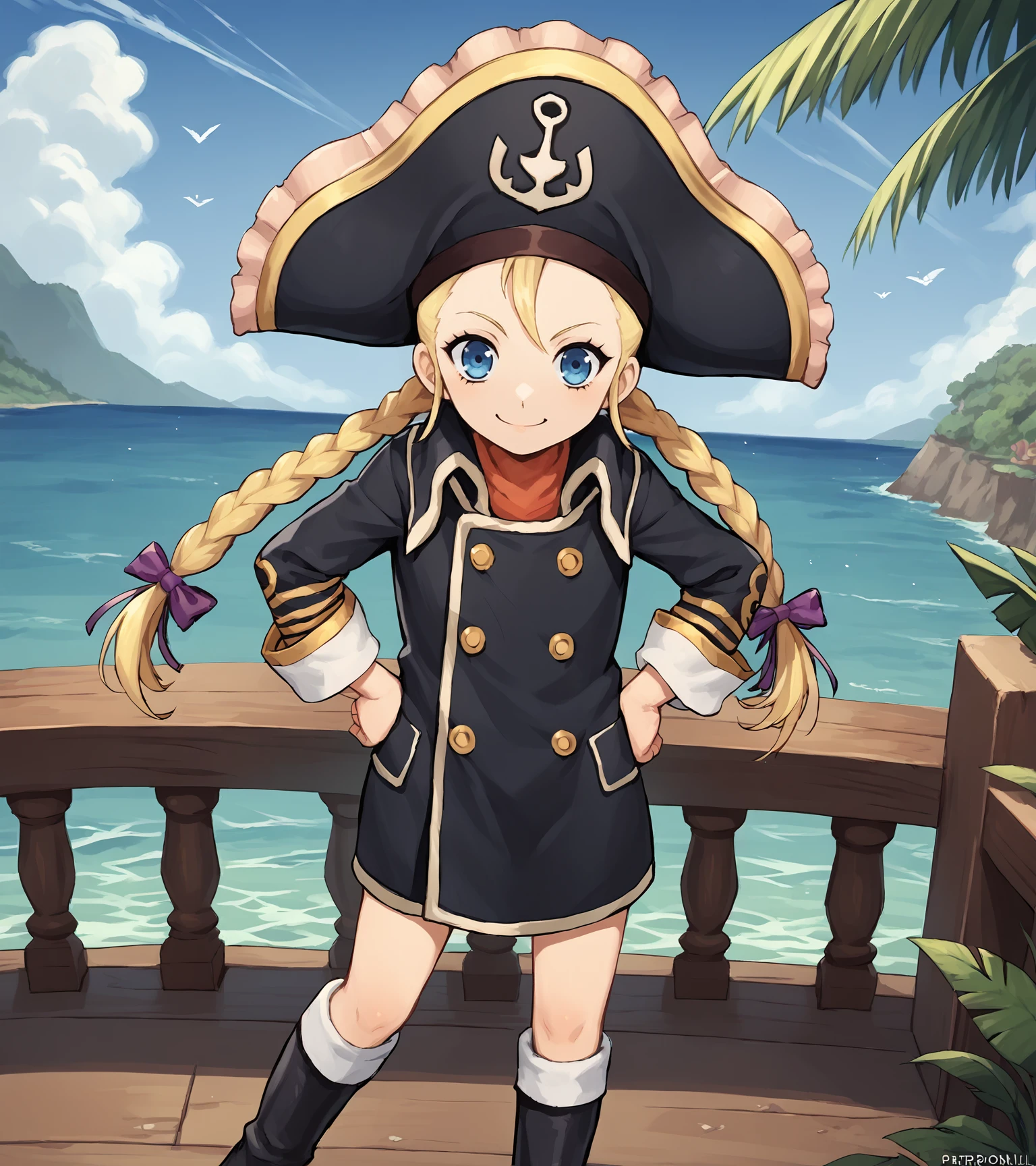 score_9, score_8_up, score_7_up, score_6_up, score_5_up, score_4_up, BREAK source_anime,
1girl, solo, <lora:PattyFleur:0.9>, Patty Fleur, blonde hair, twin braids, hair ribbon, blue eyes, flat chest, pirate hat, black coat, boots, 
outdoors,tropical island, sky, ocean,
looking at viewer, looking at viewer, hands on hip, proud, confident, smile, 
 <lora:Afrobull:1>,