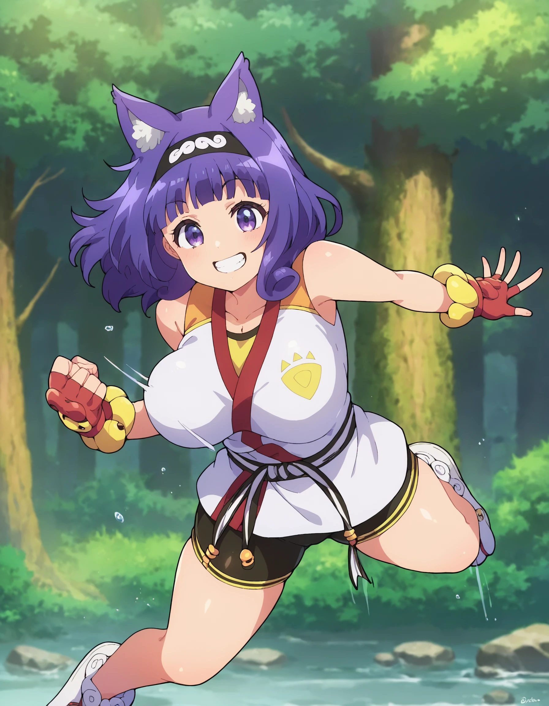 score_9, score_8_up, score_7_up, score_6_up, score_5_up, score_4_up, 
BREAK 
source_anime,1girl, solo, 
in the forest,
smile, 
bike shorts, karate gi, hairband, fingerless gloves, sleeveless, 
jumping, [bouncing breasts:0.2], grin,
purple hair, medium hair, purple eyes, animal ears, large breasts, hairband, 
<lora:FutokuHitamuKyanV2:0.8>,