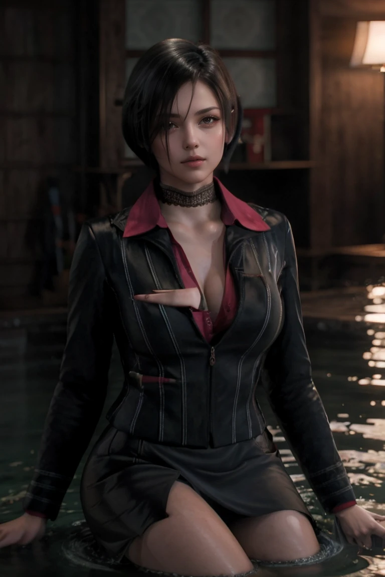 masterpiece, best quality, high quality, highres, wading,looking at viewer,solo,water, sunset, onsen, wisteria,moody lighting, BREAK, 
GAME_AdaWong_CGImovie_ownwaifu, www.ownwaifu.com, 
1girl, black hair, short hair, lips, breasts,  brown eyes,  hair over one eye, black choker, large breasts, collarbone, bangs,  thighs, bob cut, makeup, asian, swept bangs,  
choker, jacket, black jacket, skirt, pencil skirt,formal, long sleeves,suit, cleavage, black skirt, open clothes, red shirt, lace, skirt suit,striped, silk, black dress,
<lora:GAME_AdaWong_CGImovie_ownwaifu-15:1>