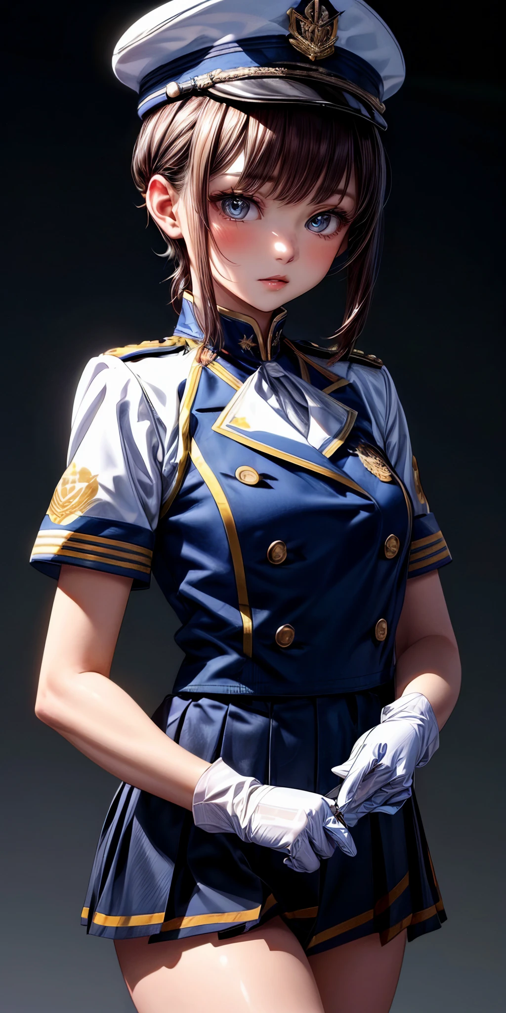 masterpiece,ultra-detailed,best quality,8K,illustration,cute face,clean skin ,shiny hair,
girl,<lora:more_details:1>,simple background
 <lora:marching uniform v1.0:0.5> jyojifuku, marching, hat, skirt,uniform,gloves