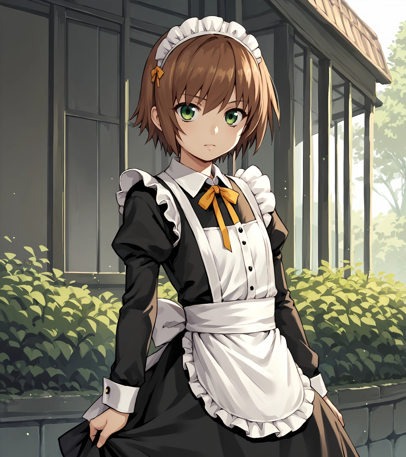 score_9, score_8_up, score_7_up, score_6_up, score_5_up, score_4_up, BREAK source_anime,
1girl, solo, <lora:RitaMordio:0.8>, Rita Mordio, green eyes, brown hair, short hair, flat chest, 
maid outfit, maid, 
outdoors, 
looking at viewer, cowboy shot,,
nyonyonba_tarou,