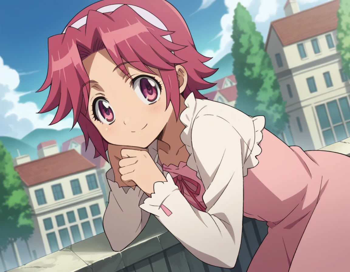 score_9, score_8_up, score_7_up, source_anime,
alicemaresato, <lora:alice-maresato-s1-ponyxl-lora-nochekaiser:1>,
alice maresato, short hair, pink hair, red hair, hairband, pink eyes, parted bangs, solo,
dress, frills, long sleeves, pink dress,
outdoors, cityscape, smile, bent over,
looking at viewer, dutch angle, cowboy shot,