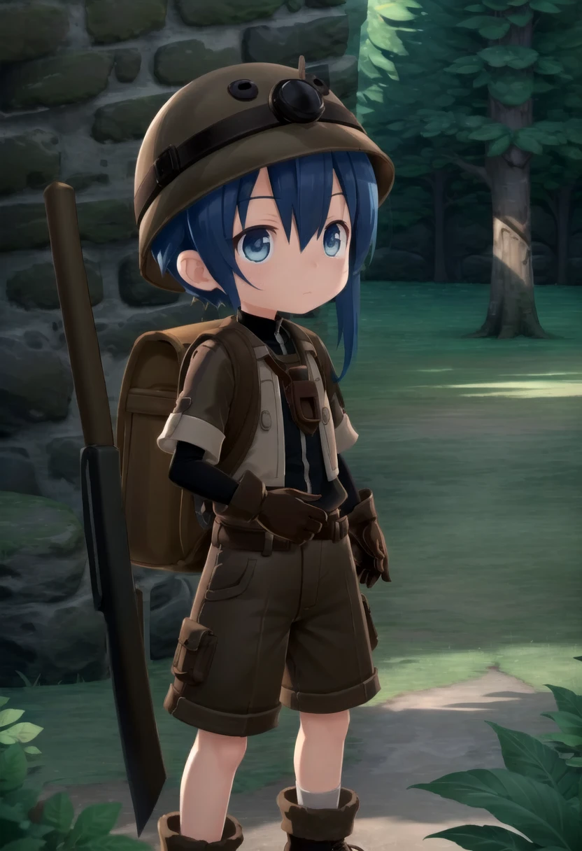 <lora:made_in_abyss_-_binary_star_-_aki-sd-v10:0.6>
masterpiece, ultra detail, forest, detailed background, looking at camera, mia_aki, solo, blue eyes, shirt, gloves, 1boy, hat, holding, closed mouth, blue hair, standing, full body, male focus, boots, outdoors, shorts, black gloves, bag, black shirt, brown footwear, backpack, helmet, male child, brown shorts, whistle, pickaxe , draw it in the style of made in abyss,The soft lighting and detailed surroundings create an immersive environment where imagination runs wild hyper-detailed,hyper-detailed face, high quality visuals, dim Lighting, sharply focused, octane render, 8k UHD