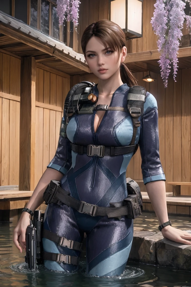 masterpiece, best quality, high quality, highres, wading,looking at viewer,solo,water, sunset, onsen, wisteria,moody lighting, BREAK, 
GAME_ResidentEvilRevelation_JillValentine_ownwaifu, www.ownwaifu.com, 
1girl, breasts, brown hair, short hair, medium breasts, jill valentine, lips, ponytail, long hair, blue eyes, large breasts, collarbone, makeup, 
bodysuit, cleavage, watch, holster, wristwatch, belt, uniform, military, bracelet, thigh holster, pouch, skin tight, bulletproof vest, 
<lora:GAME_ResidentEvilRevelation_JillValentine_ownwaifu-15:0.9>