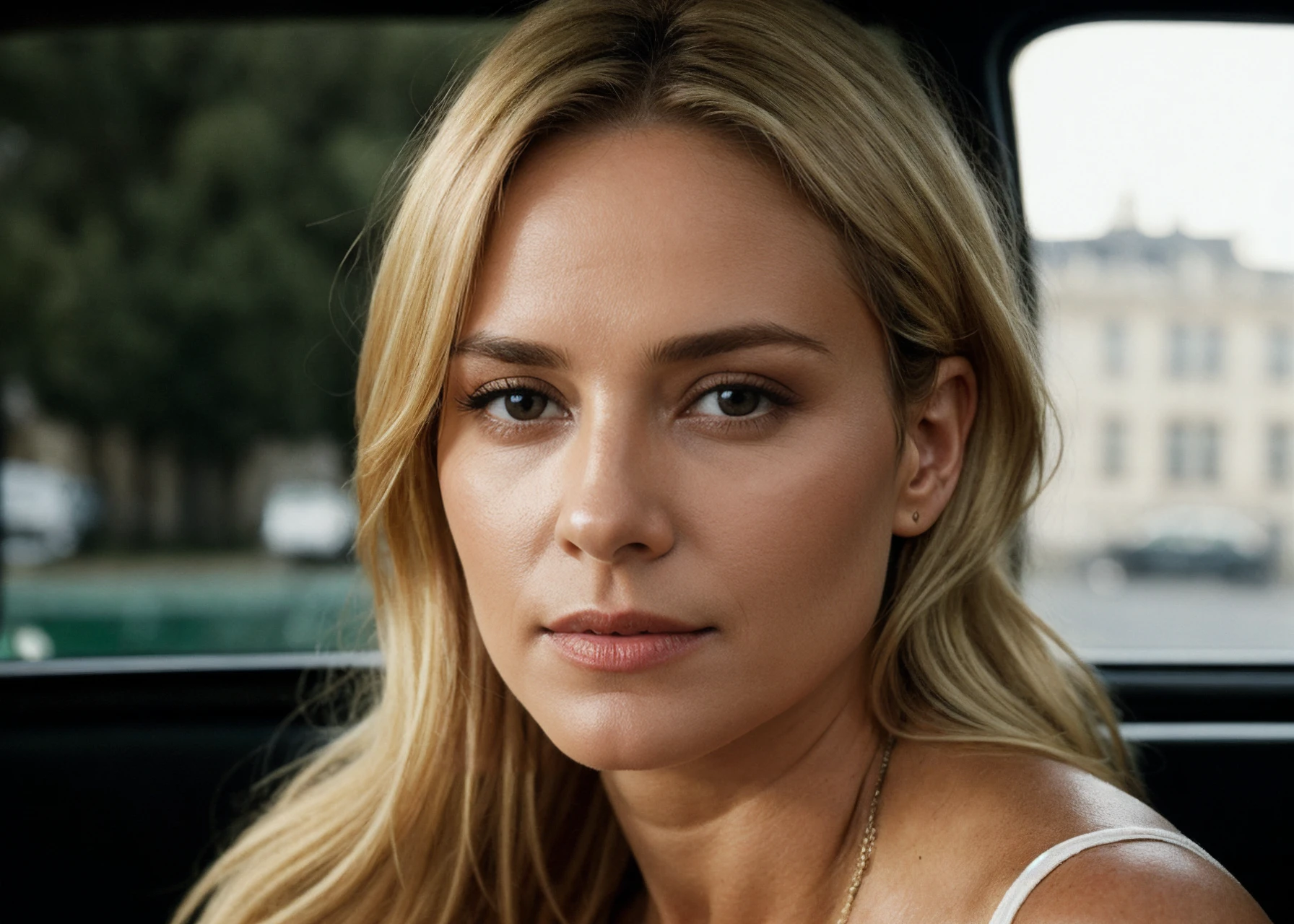 raw, realistic, face portrait of a woman, 40 years old, shadow over her face, blonde hair, green eyes, polished, authentic, soulful, natural-looking, photo by Peter Lindbergh