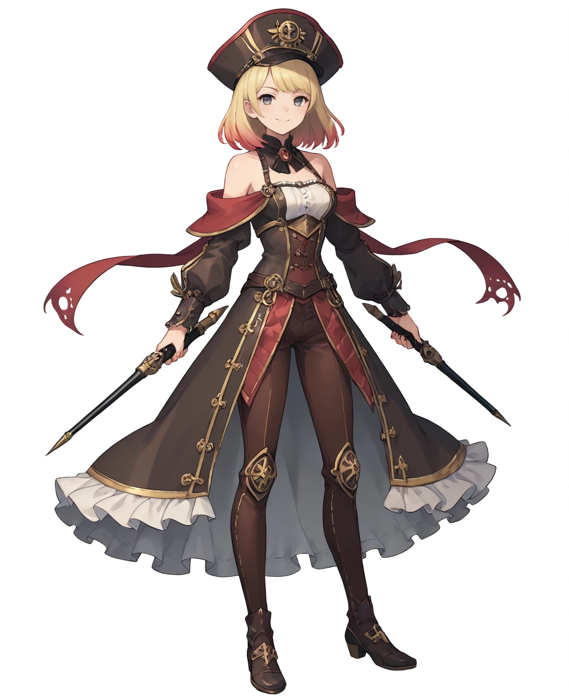 score_9, score_8_up, score_7_up, score_6_up, source anime, 1girl, solo, standing, off shoulder, armor, long sleeves, steampunk, hat, medium breasts, gradient hair, blonde hair, red tips, medium hair, grey eyes, smirk, full body, bangs, closed mouth, medium breasts, white background, simple background