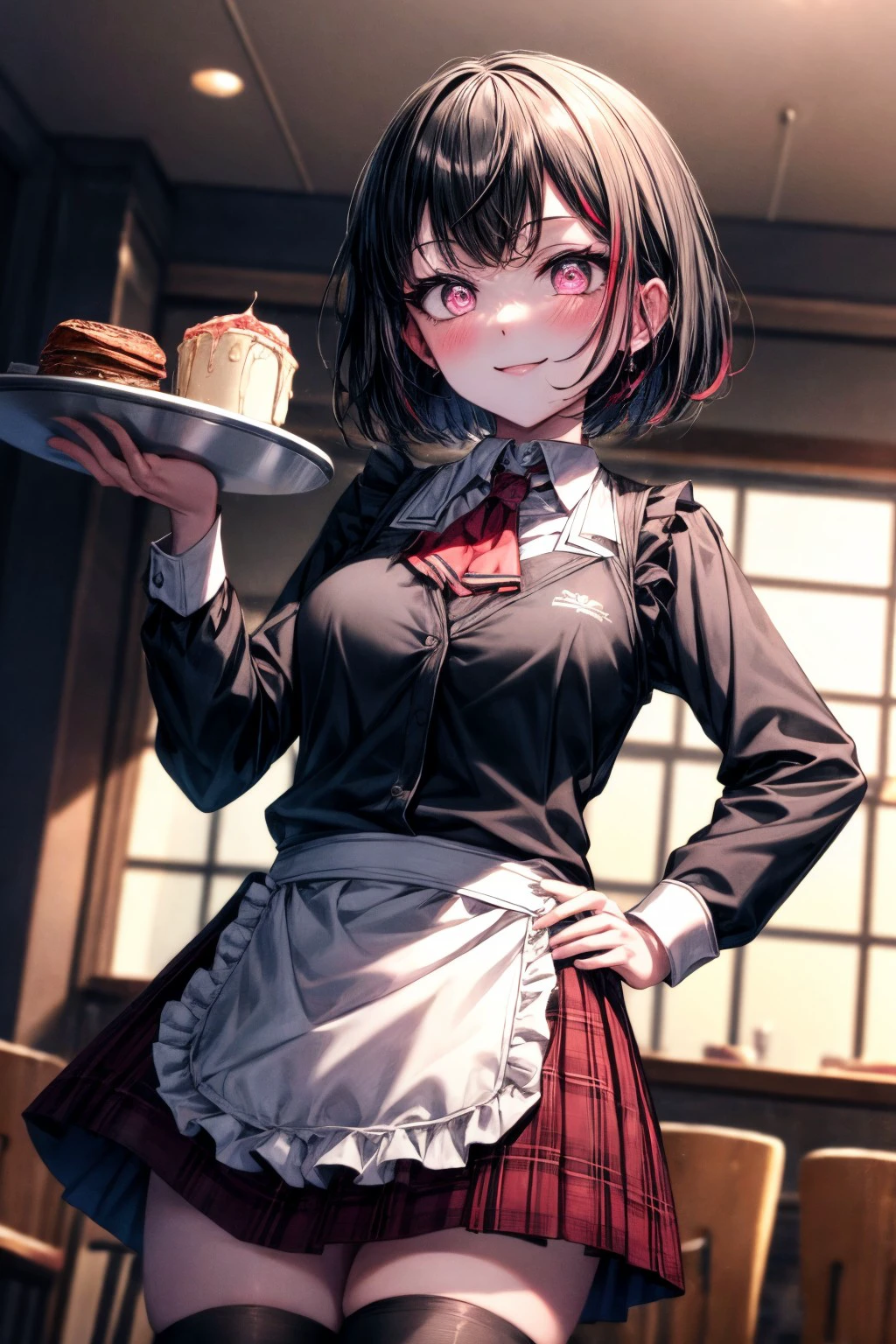 (masterpiece), best quality, expressive eyes, perfect face, rmtk, looking at viewer, blush, smile, skirt,  shirt, thighhighs, long sleeves, holding, white shirt, cowboy shot, collared shirt, black thighhighs, pink eyes, vest, hand on hip, plaid, ascot, red skirt, plaid skirt, bob cut, tray, black vest, waitress, holding tray, red ascot, <lora:more_details:0.7>, <lora:GoodHands-beta2:0.7>, <lora:b36e2ff6-3516-48c0-a9b9-db57e54fb3b1:0.7>