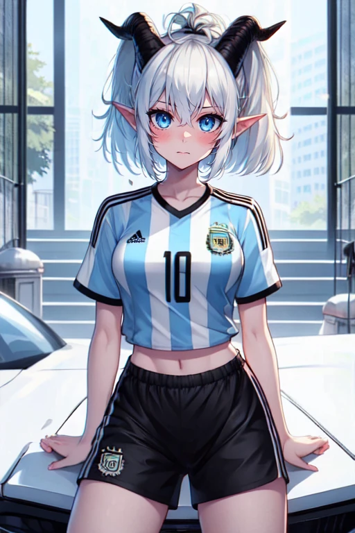 masterpiece,best quality,extreme detail,8k,face detailed,  <lora:Mialygosa:1> Mialygosa15, 1girl, solo, looking at viewer, blush, short hair, blue eyes, shirt, navel, hair between eyes, medium breasts, closed mouth,  collarbone, ponytail, number 10, white hair, short sleeves, thighs, cowboy shot, horns, shorts, pointy ears, midriff, striped, short shorts, black shorts, blue shirt, demon horns, sportswear,  soccer uniform, double pigtail, sitting