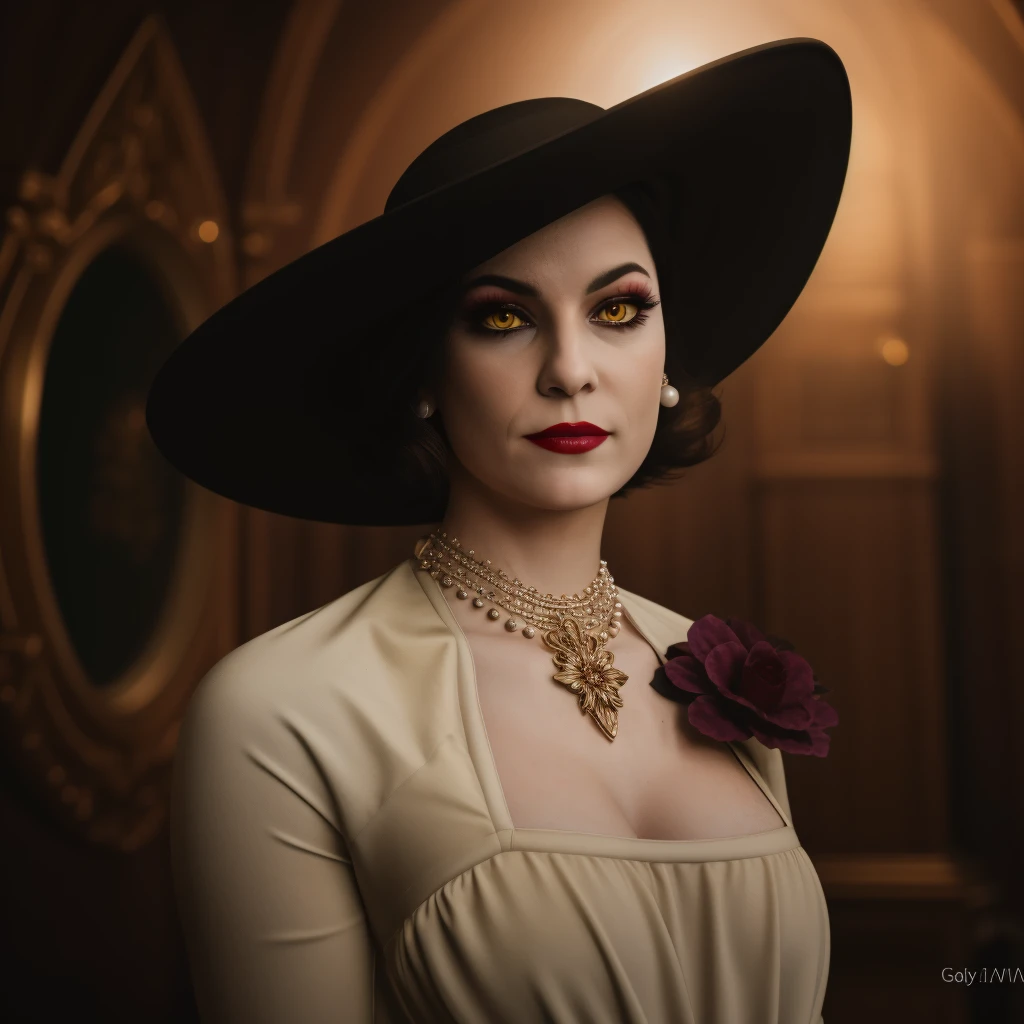 house, peop Best_QualityPos, RAW photo, intricate details, best quality, 8k uhd, soft lighting, 1girl, solo, alcina dimitrescu, hat, black hat, short hair, black hair, yellow eyes, colored skin, grey skin, dress, white dress, collarbone, rose, black flower, black rose, jewelry, earrings, necklace,  lipstick, makeup <lora:Alcina_Dimitrescu:0.7> <lora:exposure_control_v10:-0.4>