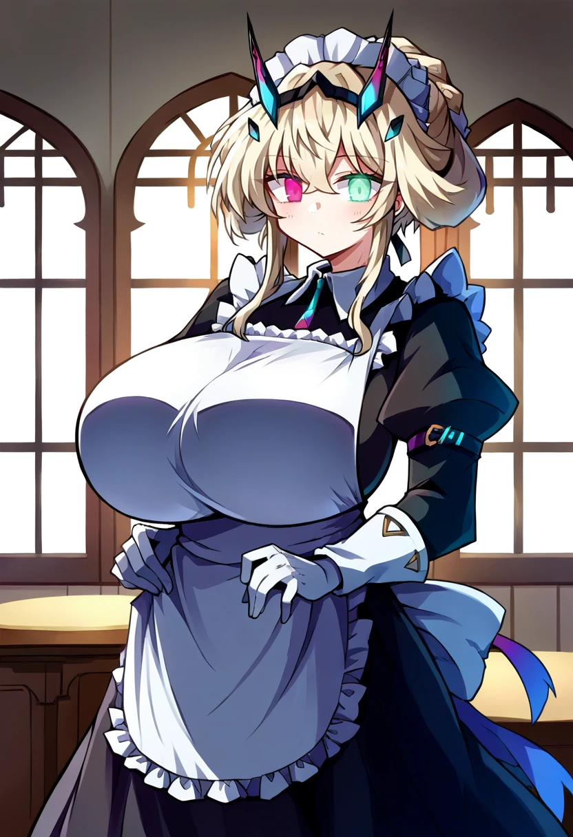 score_9, score_8_up, score_7_up, source_anime BREAK 1girl, solo, looking at viewer, cowboy shot,  <lora:Barghest_Sdxl:0.9>, Barghest_Maid, platinum blonde hair, twin braids, short hair, sidelocks, hair up, hair bun, heterochromia, glowing eyes, maid headdress, frilled dress, pleated dress, juliet sleeves, maid apron, collar, black skirt, long skirt, white gloves, huge breasts, curvy, indoors, vila, marble floor, glass table, day, window,  <lora:Yuuhi-Alpha-Style-PonyXL-000017:1>