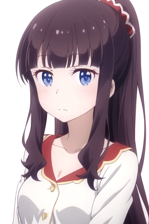 solo, 1girl, looking at viewer, 2D, anime, anime coloring, upper body, (solid white background:1.3), <lora:hifumi-newgame:0.8>, hifumi takimoto, white shirt, collarbone, closed mouth, blush