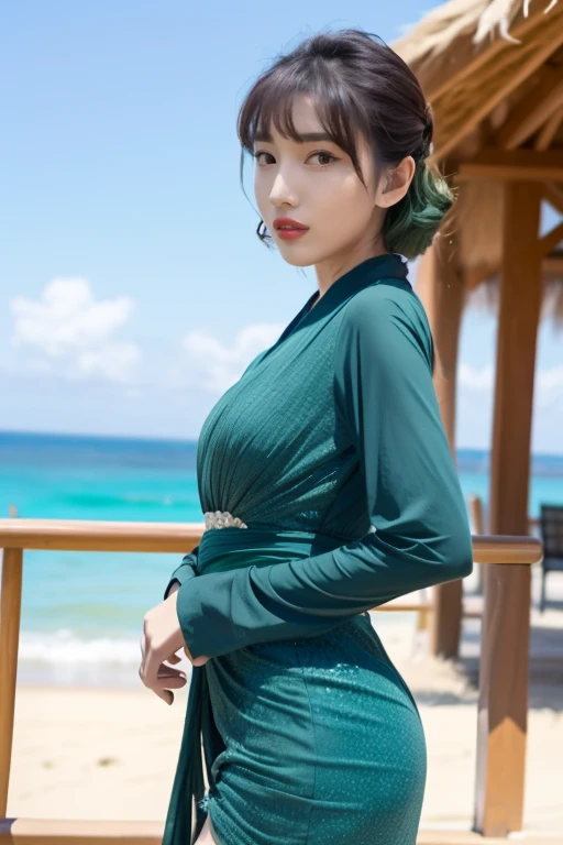 4k,best quality,masterpiece,<lora:add_detail:0.5>,<lora:sl-luxuanxuan V7:0.8>,luxuanxuan,1girl,solo,(green hair:1.2),curly hair,short hair,realistic,in summer,beach,looking_at_viewer,long_dress,