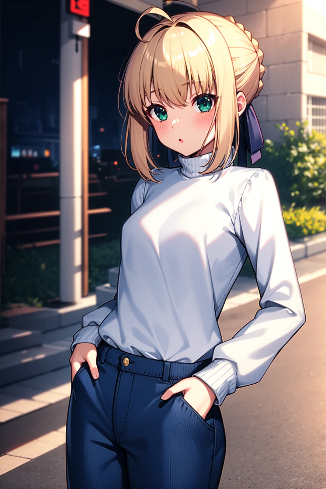 solo, masterpiece, best quality, outdoors, street, looking at viewer, :o, closed mouth, blush, saber, blue eyes, blonde hair, sidelocks, ahoge, single hair bun, french braid, blue hair ribbon, sweater, turtleneck, long sleeves, waist pants, denim pants, hands on pocket