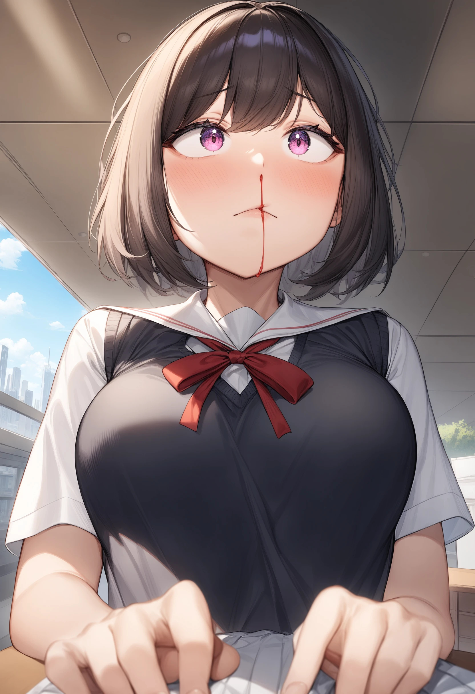 1girl, <lora:sdxl2-flat2-512b:-1>,medium breasts,school uniform,
nosebleed, <lora:nosebleed_XL_v1:0.8>
ceiling, panorama shot, looking up, giggling, cityscape, closed mouth,
best quality, very aesthetic, absurdres,