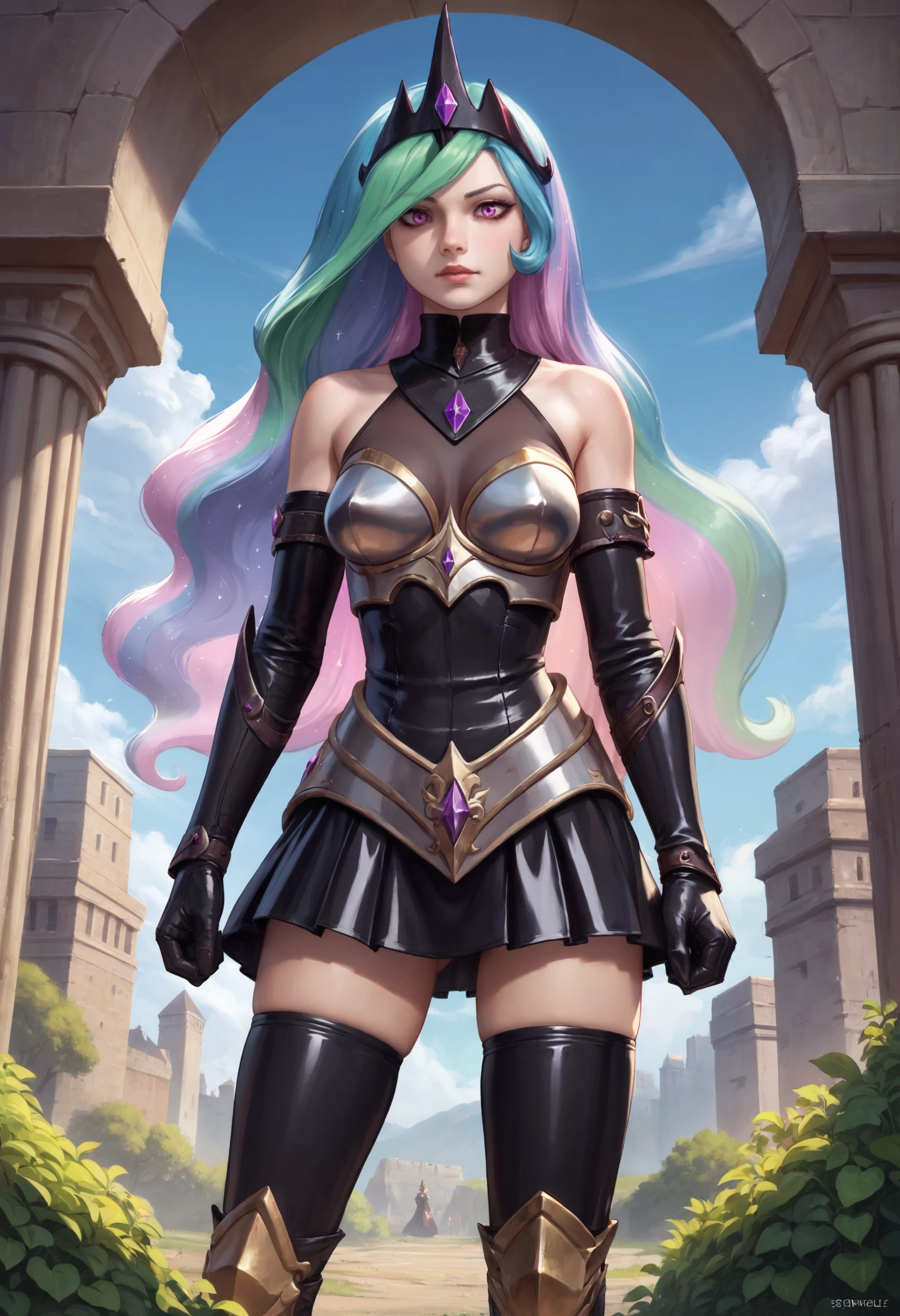 zPDXL, source_anime, 1girl, solo, BREAK
human princess celestia, corrupted, evil,
latex thighhighs, black gloves, dark armor, bare shoulders, armored skirt,
standing, cowboy shot,
outdoors, blue sky,