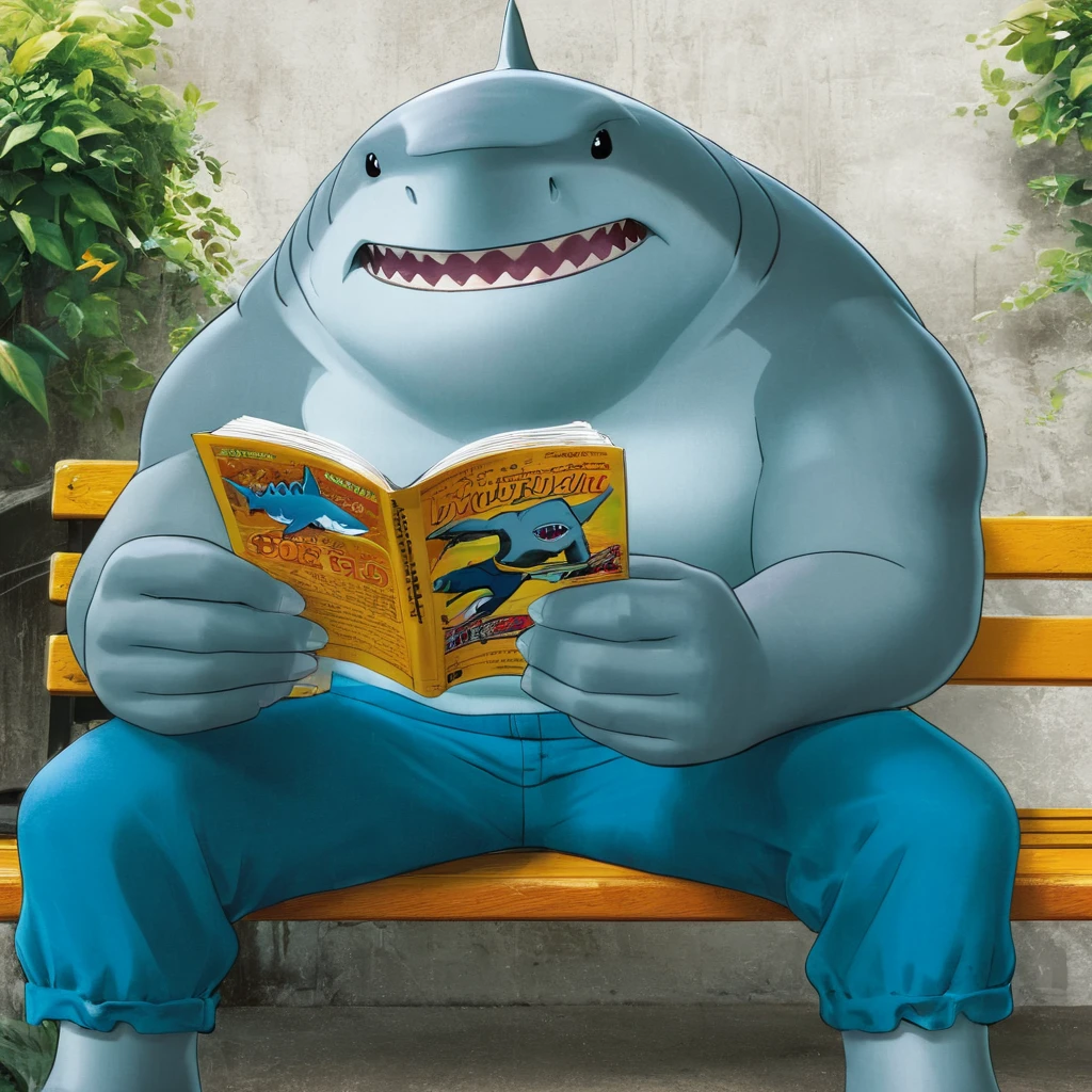 anime artwork of  <lora:King Shark:1>
In the The DC Comics Cinematic Animated Universe King Shark a shark is sitting on a bench reading a book,solo,open mouth,1boy,holding,sitting,male focus,shorts,teeth,fingernails,book,muscular,sharp teeth,muscular male,holding book,reading,shark , a humanoid creature with a shark body, anime style, key visual, vibrant, studio anime,  highly detailed