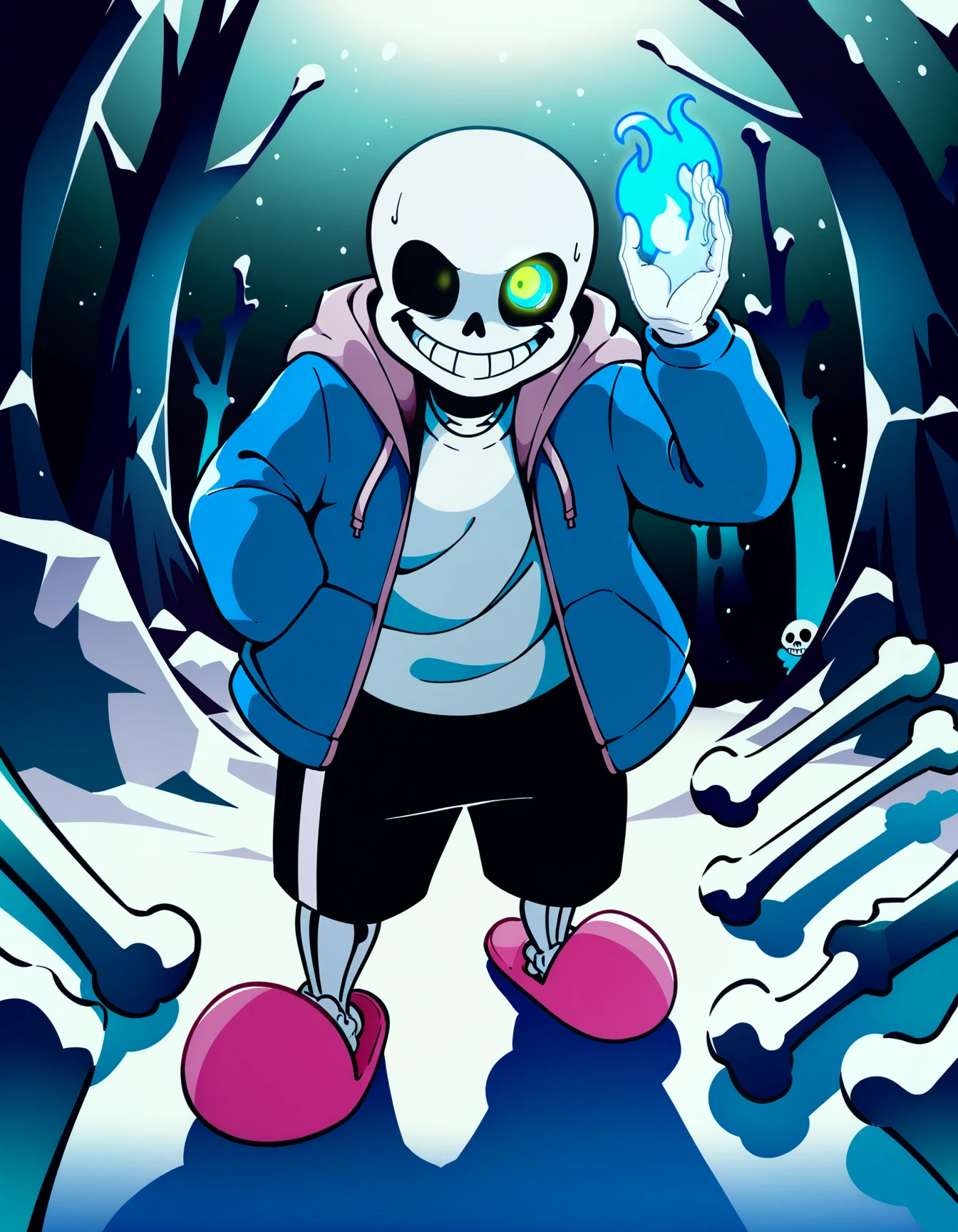 Anime style, sans_(undertale) the skeleton, white shirt, art ...