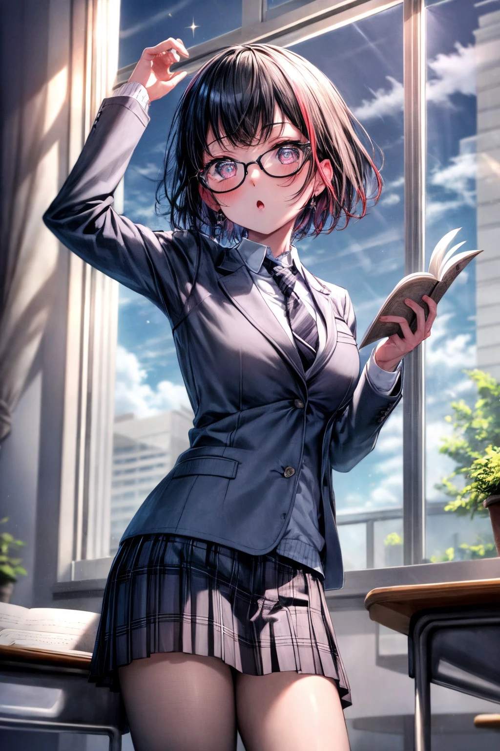 (masterpiece), best quality, expressive eyes, perfect face, rmtk, looking at viewer, blush, skirt, shirt, long sleeves, school uniform, jacket, white shirt, pleated skirt, parted lips, necktie, sky, glasses, day, striped, collared shirt, cloud, indoors, miniskirt, :o, tree, blue sky, blue skirt, book, plaid, window, sparkle, plaid skirt, blazer, curtains, building, black necktie, lens flare, desk, open book, grey jacket, bush, school desk, striped necktie, school, <lora:more_details:0.7>, <lora:GoodHands-beta2:0.7>, <lora:b36e2ff6-3516-48c0-a9b9-db57e54fb3b1:0.7>