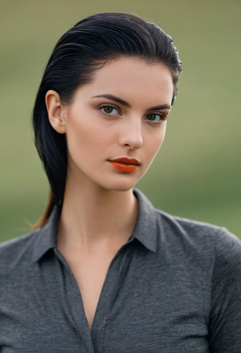 cinematic film still of extremely beautiful woman, Close-Up Portrait, looking at camera, attractive, slicked-back hair, Heathered knit Classic Elegance clothing, Charcoal grey and burnt orange Capri pants and fitted shirt, Jet Black hair, Meadow, Candid photography, model face, 22 years old