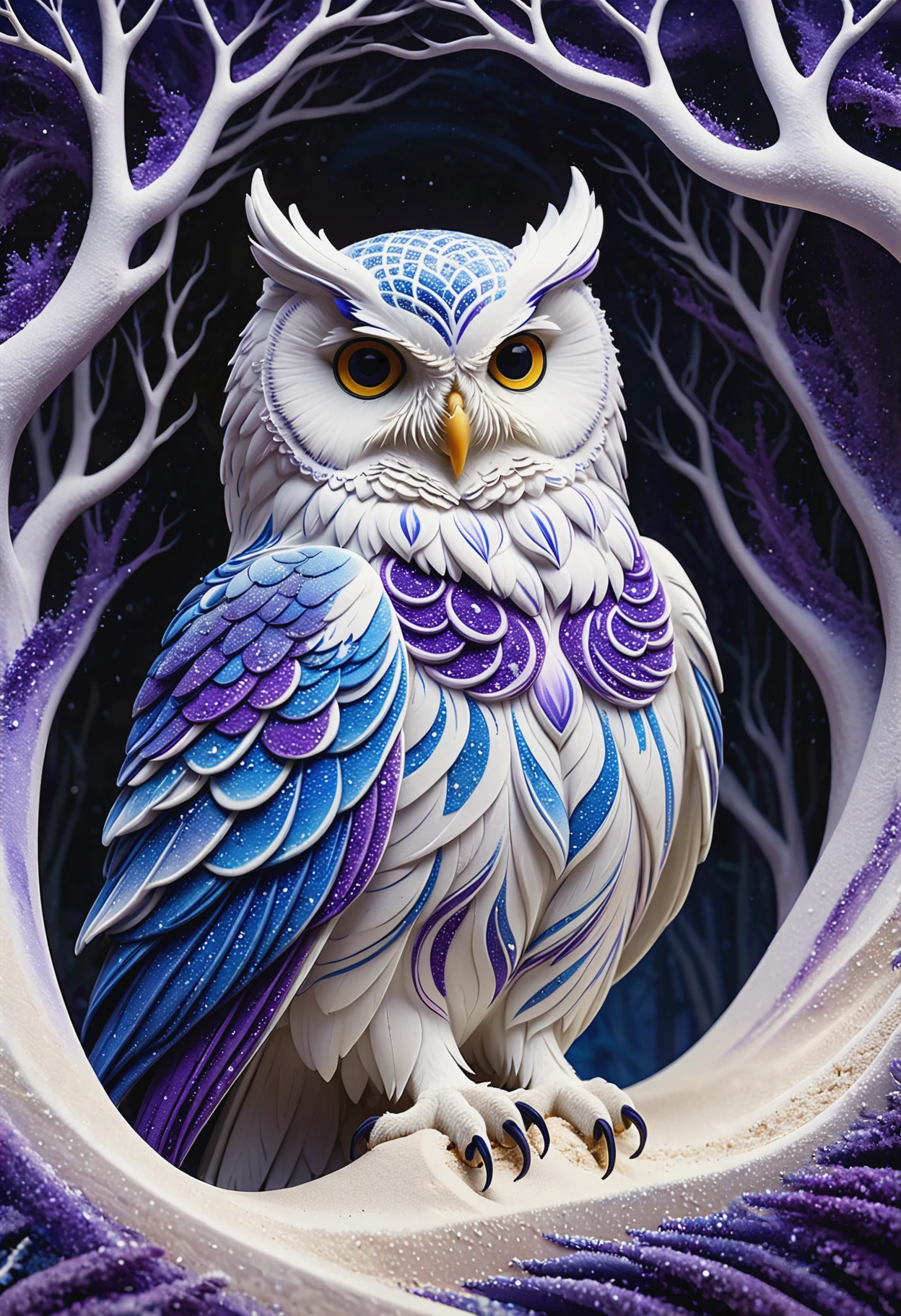 a snow owl made of blue purple and white swirling sand, perched in a tree, frozen forest background, sandswirl, detailed, (masterpiece, high detail, best quality), realistic, fantasy