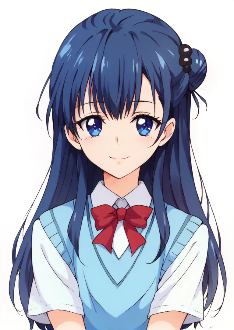 score_9, score_8_up, score_7_up, 1girl, Yakushiji Saaya, blue hair, long hair, blue eyes, side bun, hair ornament,

school uniform, blue sweater vest, grey skirt, red necktie, ,

simple background, white background, smile, looking at viewer, tucking hair,