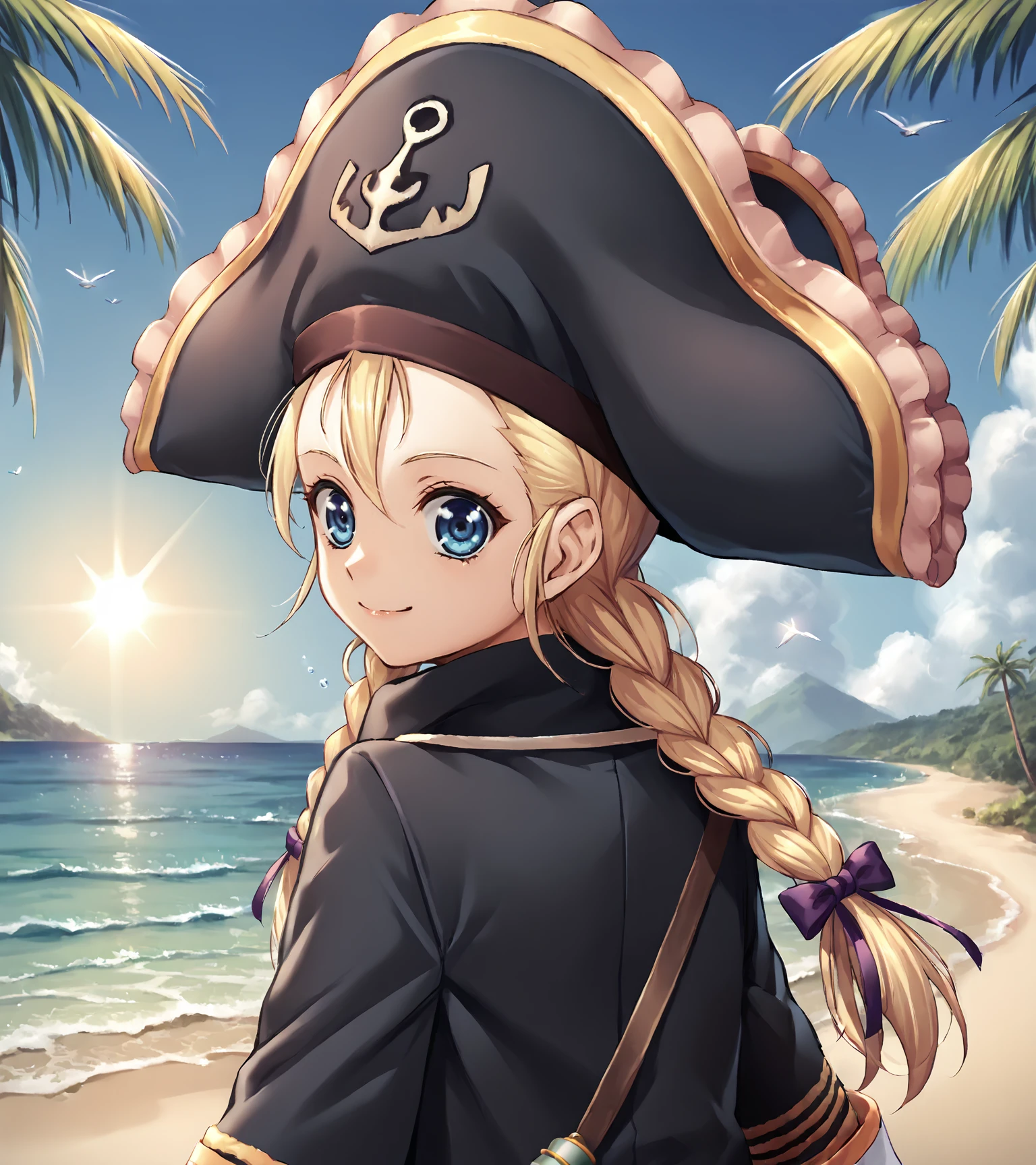 score_9, score_8_up, score_7_up, score_6_up, score_5_up, score_4_up, BREAK source_anime,
1girl, solo,  <lora:PattyFleur:0.9>, Patty Fleur, blonde hair, twin braids, hair ribbon, blue eyes, flat chest, pirate hat, black coat, boots, binoculars,
(upper body, portrait),, from behind,, looking at viewer, happy,
outdoors, beach, sky, sun, palm tree, tropical island,
<lora:piroponyv3:1>, <lora:Chocochip:0.8>,