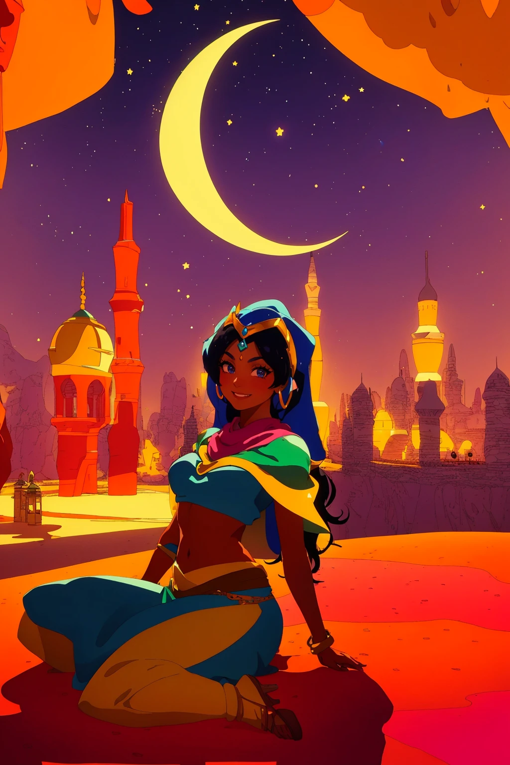 masterpiece, ultra-detailed, best quality, illustration, 8k cg wallpaper, an extremely delicate and beautiful, 1girl, Princess Jasmine /(Aladdin/), solo, perfect anatomy, smiling, blushing, dark skin, perfect arms, perfect legs, cute, pretty, beautiful, sexy, perfect body, (background: Arabian city, Arabian buildings, night sky, moon, stars, intricately detailed items in background), <lora:Sable:1>