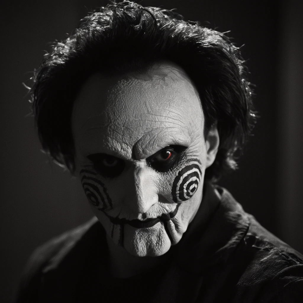 cinematic film still of  <lora:jigsaw style:1>
Jigsaw a man with a face painted like a zombie,solo,looking at viewer,red eyes,1boy,monochrome,male focus,facial hair,spot color , detailed, detailed background, detailed scene, perfect, perfection, cinematic, filmic, Horror (themed), Jigsaw style, shallow depth of field, vignette, highly detailed, high budget, bokeh, cinemascope, moody, epic, gorgeous, film grain, grainy