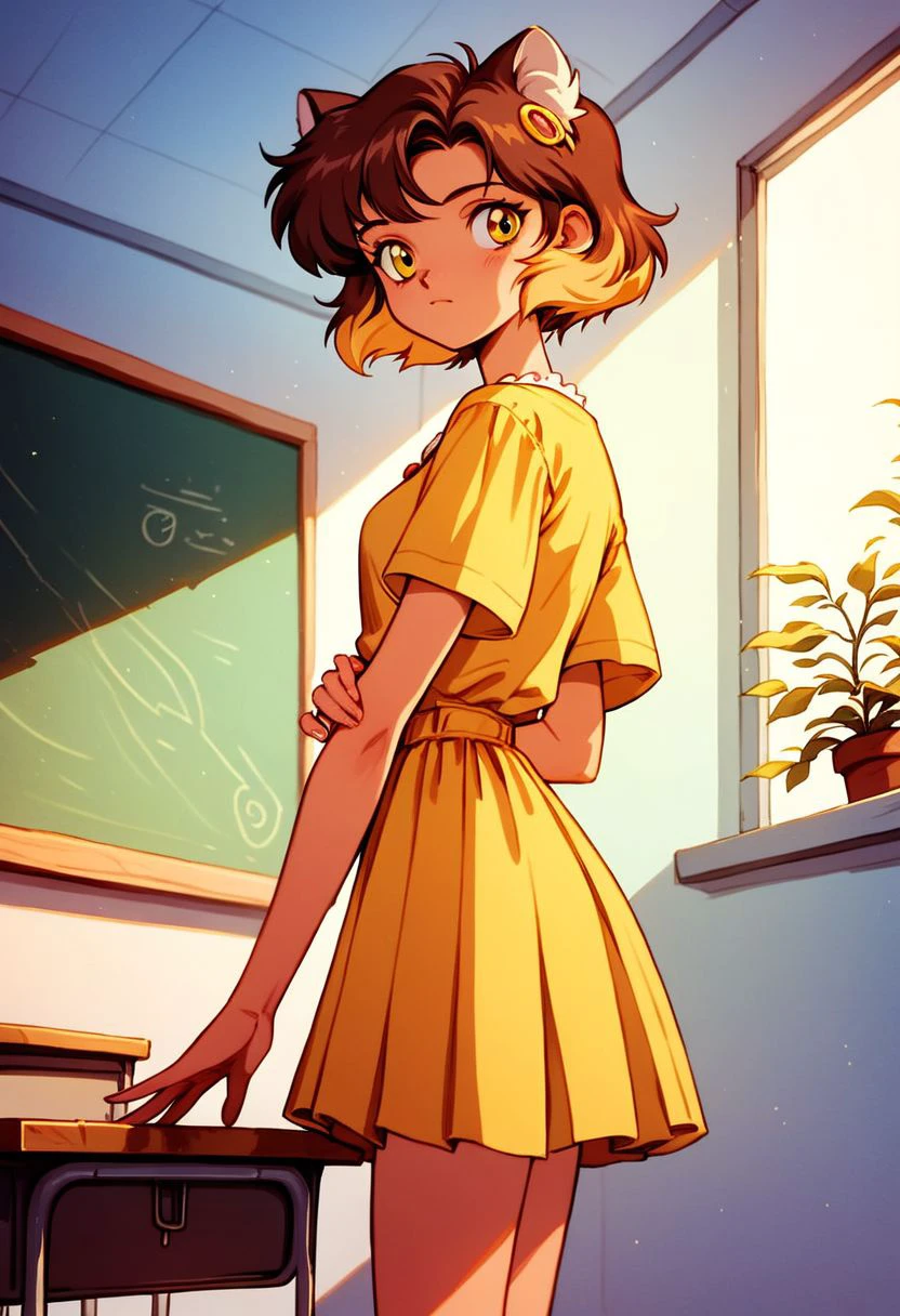 score_9, score_8_up, score_7_up, score_6_up, 
human,
brown hair, short hair, school, classroom,
Tigra, 1girl, yellow dress with sun, animal ears,
white caucasian girl, multicolored hair, yellow eyes,
pastel colors, high res image, masterpiece,
90s4n1m3