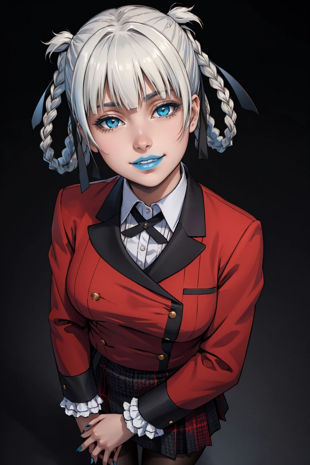 masterpiece, best quality, 1girl,  <lora:kirari-nvwls-v1-000010:0.9> momobami kirari, white hair, braid, hair rings, hair ribbon, blue lipstick, black ribbon, collared shirt, red blazer, houndstooth skirt, pantyhose, black background, looking at viewer, stare, from above, grin, crazy eyes, blue nails