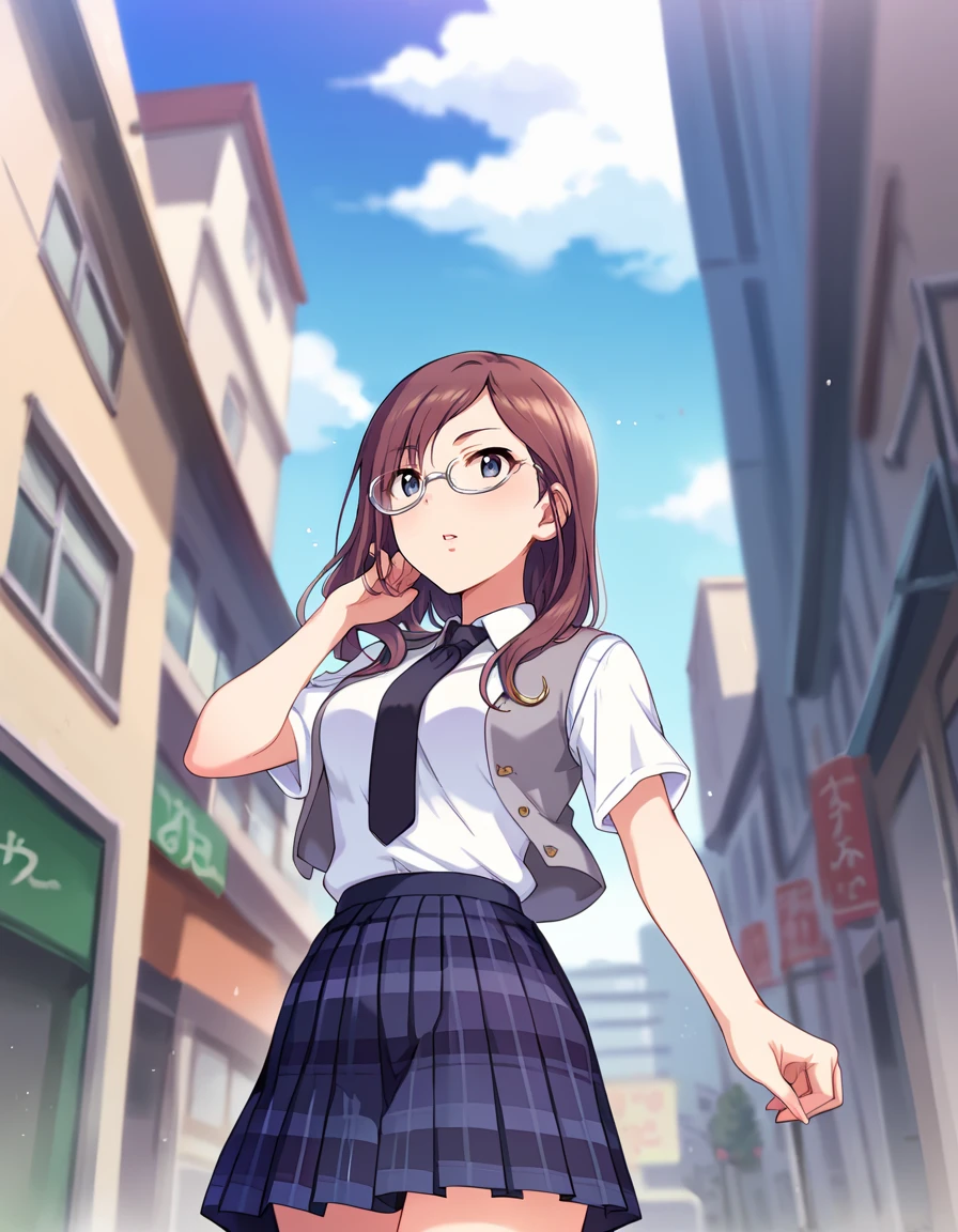 score_9, score_8_up, score_7_up, source_anime,
cinematic, blurry background, depth of field, vanishing point, wide shot, cowboy shot, from below,
1girl, solo, standing, wating, looking ahead, looking afar, 
outdoors, day, street, crossing, city, noise,
 <lora:YagamiMakino_pony_v1:0.9>
ygmmkn, long hair, brown hair, bangs, grey eyes, blue eyes, semi-rimless eyewear, under-rim eyewear, grey-framed eyewear, medium breasts,
school uniform, open clothes, grey vest, white shirt, short sleeves, black necktie, pleated skirt, plaid skirt,