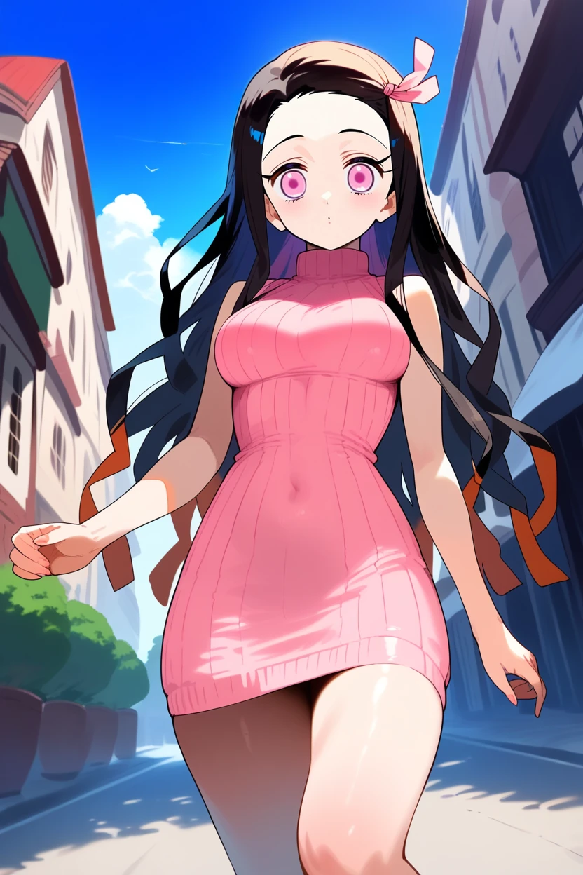 score_9, score_8_up, score_7_up,kamado nezuko,1girl, black hair, pink eyes, pink hair ribbon, two-tone hair, pink sweater dress, short dress,sleeveless, walking, town,outdoors,medium breasts, (from below:0.8) <lora:NezukoPony_v2:1>