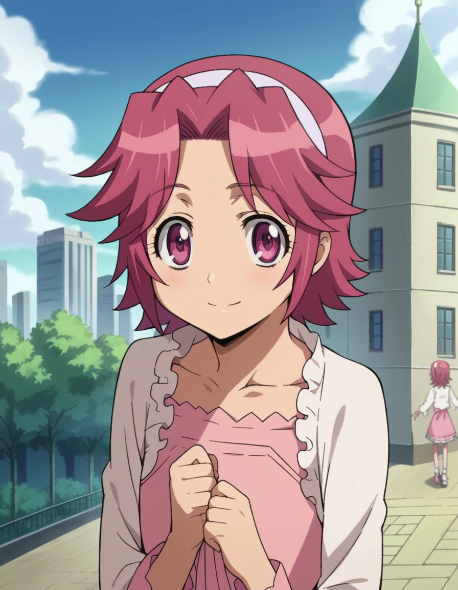 score_9, score_8_up, score_7_up, source_anime,
alicemaresato, <lora:alice-maresato-s1-ponyxl-lora-nochekaiser:1>,
alice maresato, short hair, pink hair, red hair, hairband, pink eyes, parted bangs, 1girl,
dress, frills, long sleeves, pink dress,
outdoors, cityscape, smile,
looking at viewer, dutch angle, cowboy shot,