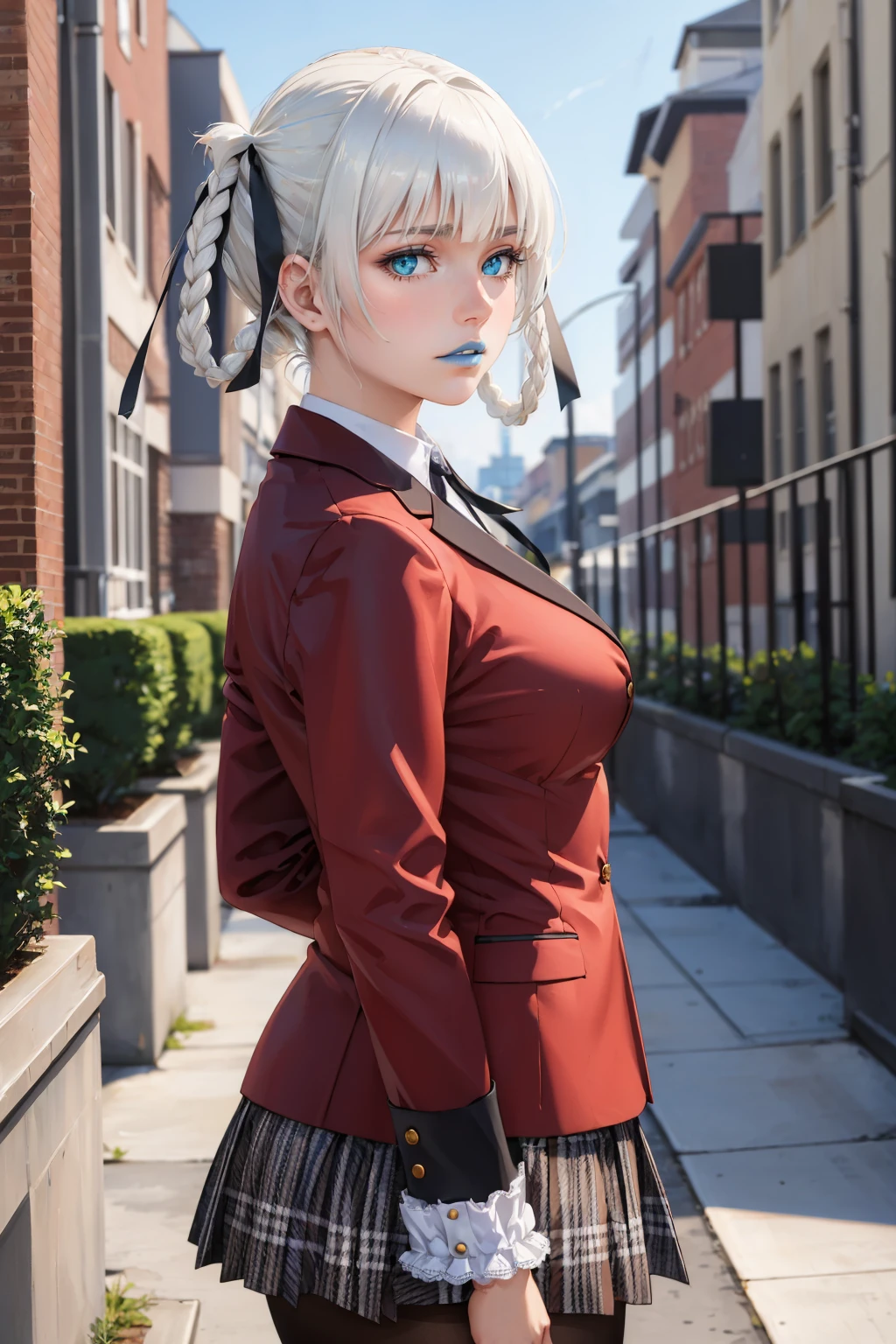 masterpiece, best quality, 1girl,  <lora:kirari-nvwls-v1-000010:0.9> momobami kirari, white hair, braid, hair rings, hair ribbon, blue lipstick, black ribbon, collared shirt, red blazer, houndstooth skirt, pantyhose, from side, annoyed, looking at viewer, city, blue sky