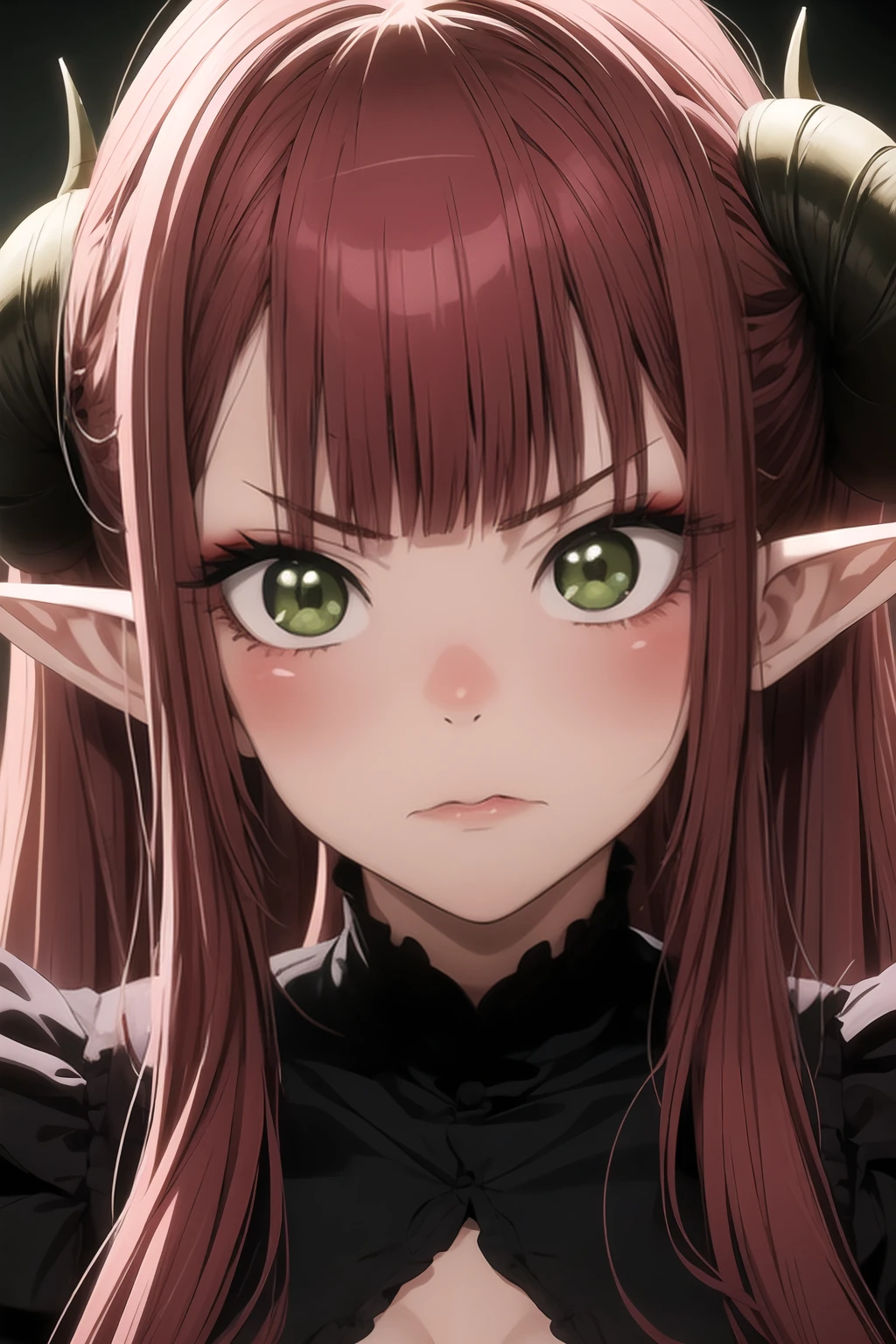 1girl, solo, long hair, blush, angry, bangs, (green eyes), red hair, pointy ears, blunt bangs, close-up, (twintails), (horns), anime girl with long pink hair and green eyes staring at camera, dark atmosphere, black background, <lora:Sono Bisque Doll wa Koi wo Suru - Marin Kitagawa V4T:0.9>