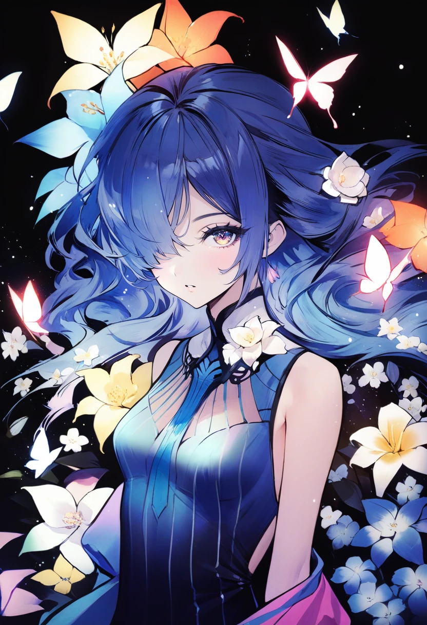 Maximalism artstyle,neon theme,ð,suprematism,beautiful detailed flower,hyper detailed,flower,hyper quality,flower and hair is same color,beautifuly color,face,her hair is becoming flower, flower,hair,flower,butterfly,,1girlkawaii,,high details, high quality,back light,hair and clothes is flower,upper body ,high quality,hair with body ,webbed dress, upper body, flower leg, flower hands,body with flower,    flower with clothes , dress with flower, , light particles,black background,  Hair with flower,small breast with flower,floating hair with flower,floating1girl,small breast,  marbling with hair and clothes, looking at viewer,original,arm down, paper cutting, black background, flower forground,  hair with flower,highres, hair with  flower,hair with flower ,hair,  wavy hair ,diffusion lighting, abstract,Butterfly with  body,   flower with hair, her hair is flower,big top sleeves, floating, [[hair over one eye]],dark