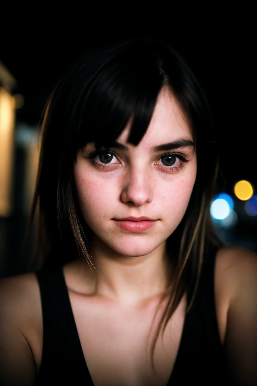 A photo of a girl, dramatic, 21 years old european cute girl, midnight, in front of neon bar, rim lighting, two tone lighting, dimly lit, (low key:1.4), film grain, finely detailed skin, Canon EOS 90D, grainy, dark, nighttime, dark photo, grainy, dimly lit, seductive smirk,