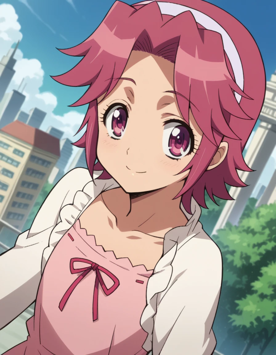 score_9, score_8_up, score_7_up, source_anime,
alicemaresato, <lora:alice-maresato-s1-ponyxl-lora-nochekaiser:1>,
alice maresato, short hair, pink hair, red hair, hairband, pink eyes, parted bangs, solo,
dress, frills, long sleeves, pink dress,
outdoors, cityscape, smile,
looking at viewer, dutch angle, cowboy shot,